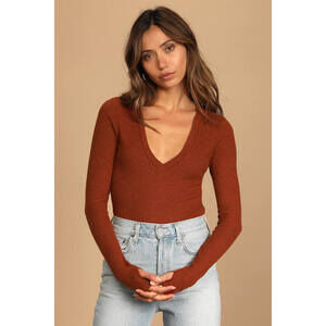 Lulus Best Season Rust Orange Ribbed Long Sleeve Bodysuit - Size S
